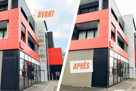 Nettoyage du bardage métallique du bâtiment Deloitte à Lorient, La Base